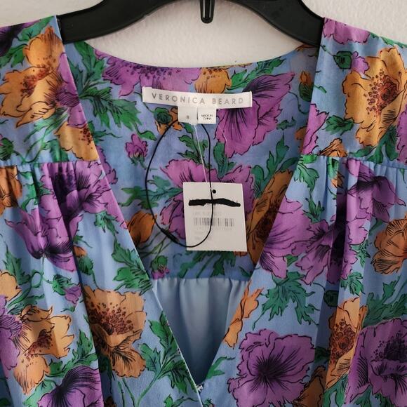 Veronica Beard Silk Floral Ruched Sean Dress Lake Blue Multi Bell Sleeve Flounce - Picture 7 of 10